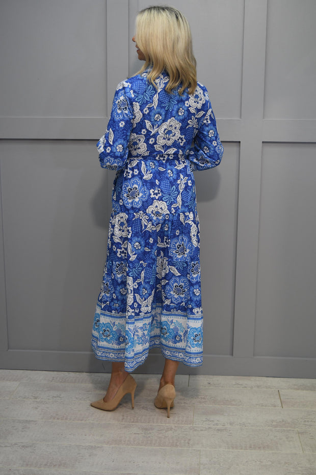 Pomodoro Blue & White Batik Border Print Shirt Dress- 72402