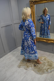 Pomodoro Blue & White Batik Border Print Shirt Dress- 72402