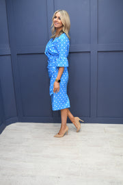 Coco Doll Blue Polka Dot Dress with Ruched Detail and Flared Sleeve - Robi