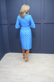 Coco Doll Blue Polka Dot Dress with Ruched Detail and Flared Sleeve - Robi