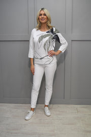 Rabe White, Khaki & Grey Flower Print Knit Top With Diamante Detail-52-221605