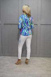 YEW Blue, Green & Pink Abstract Print Top With Drawstring- 3944 Aimee