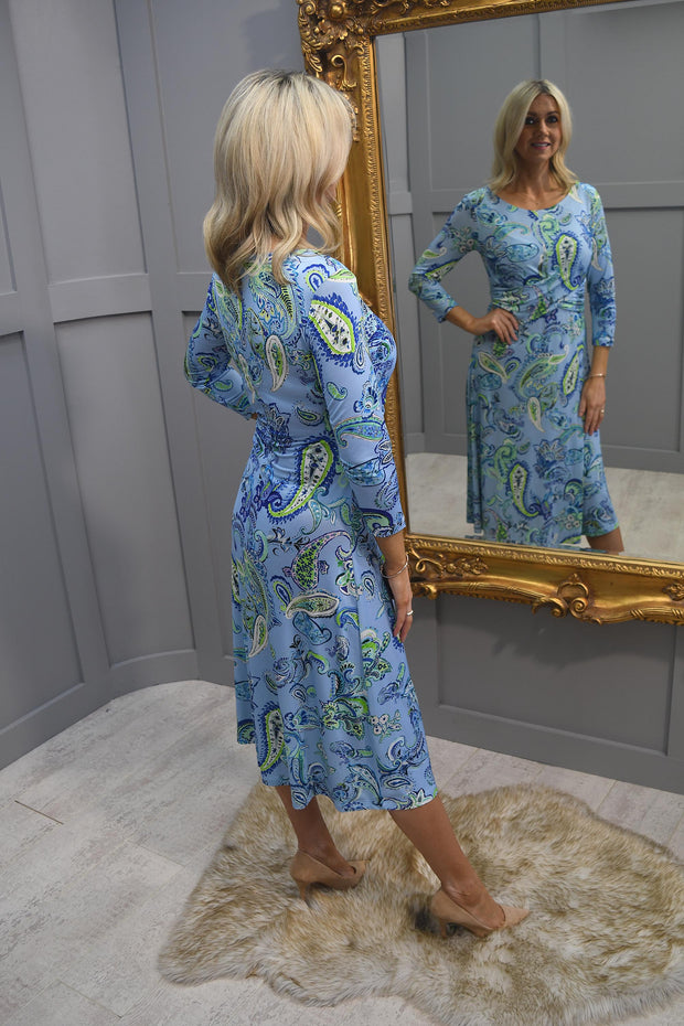 Just White Blue & Green Paisley Print Dress with Waist Detail - J4238 425