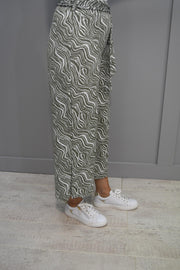 Marble Khaki & White Swirl Culotte Trousers With Tie Belt-7408 123