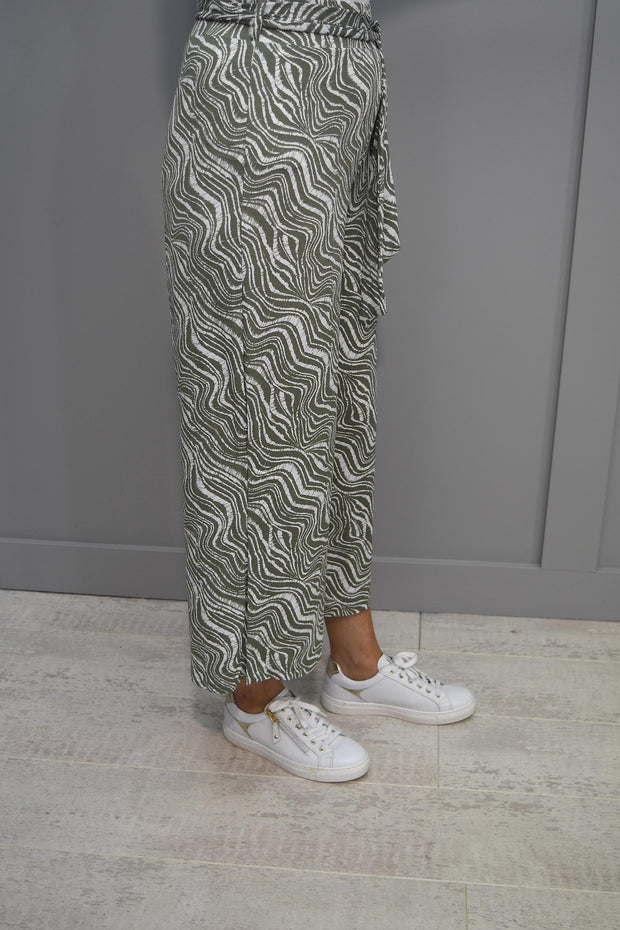 Marble Khaki & White Swirl Culotte Trousers With Tie Belt-7408 123