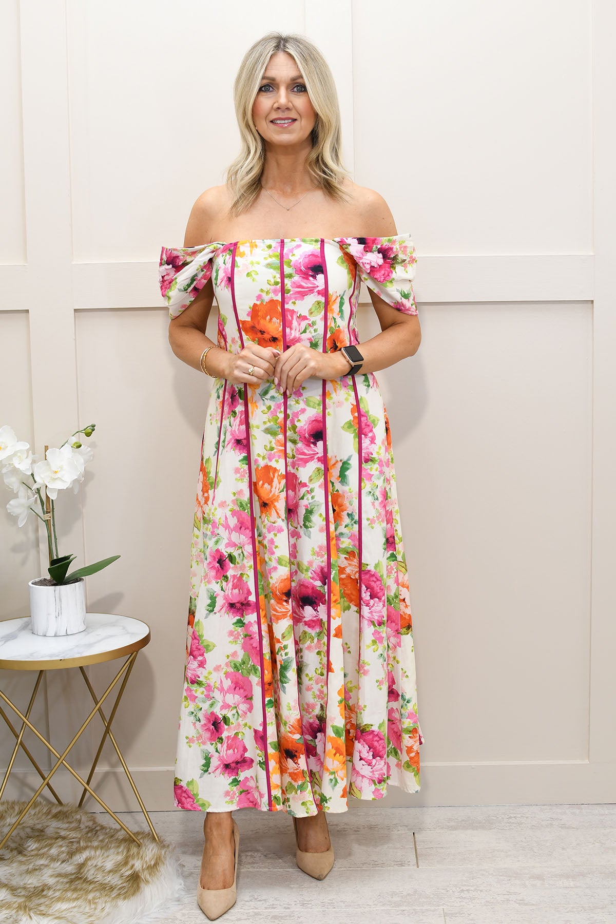 Hope & Ivy Floral Bardot Sleeve Corseted Midi Dress - Pink