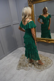 Little Mistress Emerald Green Frill Cold Shoulder Midi Dress- S24LM010
