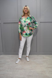 YEW Green, Pink & Green Jungle Print Top with Zip Neck Detail - 3842 Paula