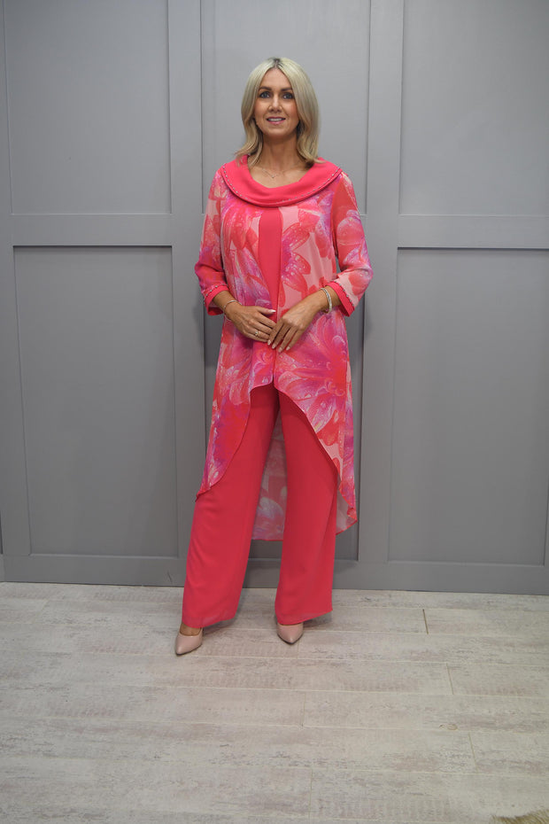 Lizabella Hot Pink Trouser Suit With Floral Print Overlay & Diamante Detail-L-24SS-7360-36