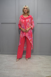Lizabella Hot Pink Trouser Suit With Floral Print Overlay & Diamante Detail-L-24SS-7360-36