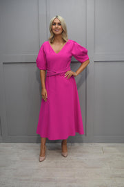 Lizabella Hot Pink Dress with Ruched Waist Detail & Pleated Puff Sleeve - L-24SS-2910-40