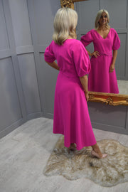 Lizabella Hot Pink Dress with Ruched Waist Detail & Pleated Puff Sleeve - L-24SS-2910-40