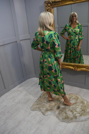 Kate & Pippa Multi-Tonal Green And Peach V Neck Midi Dress- Audrey