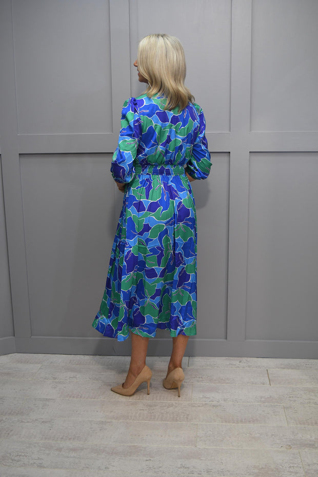 Kate & Pippa Royal Blue And Green Print V Neck Midi Dress- Audrey