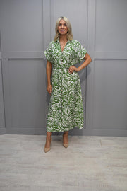 Melya Melody Green & Cream Button Down Linen Dress - R817