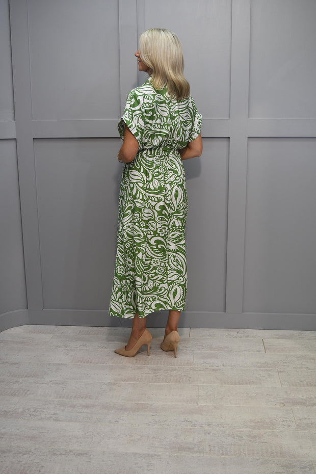 Melya Melody Green & Cream Button Down Linen Dress - R817