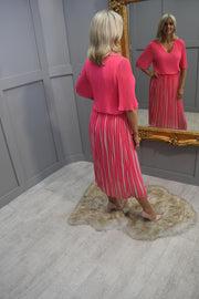 Kyla Hot Pink & Beige V Neck Plisse Dress-6475