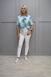 Rabe Blue & Green Tropical Print Top With Diamante Detail-52-123354