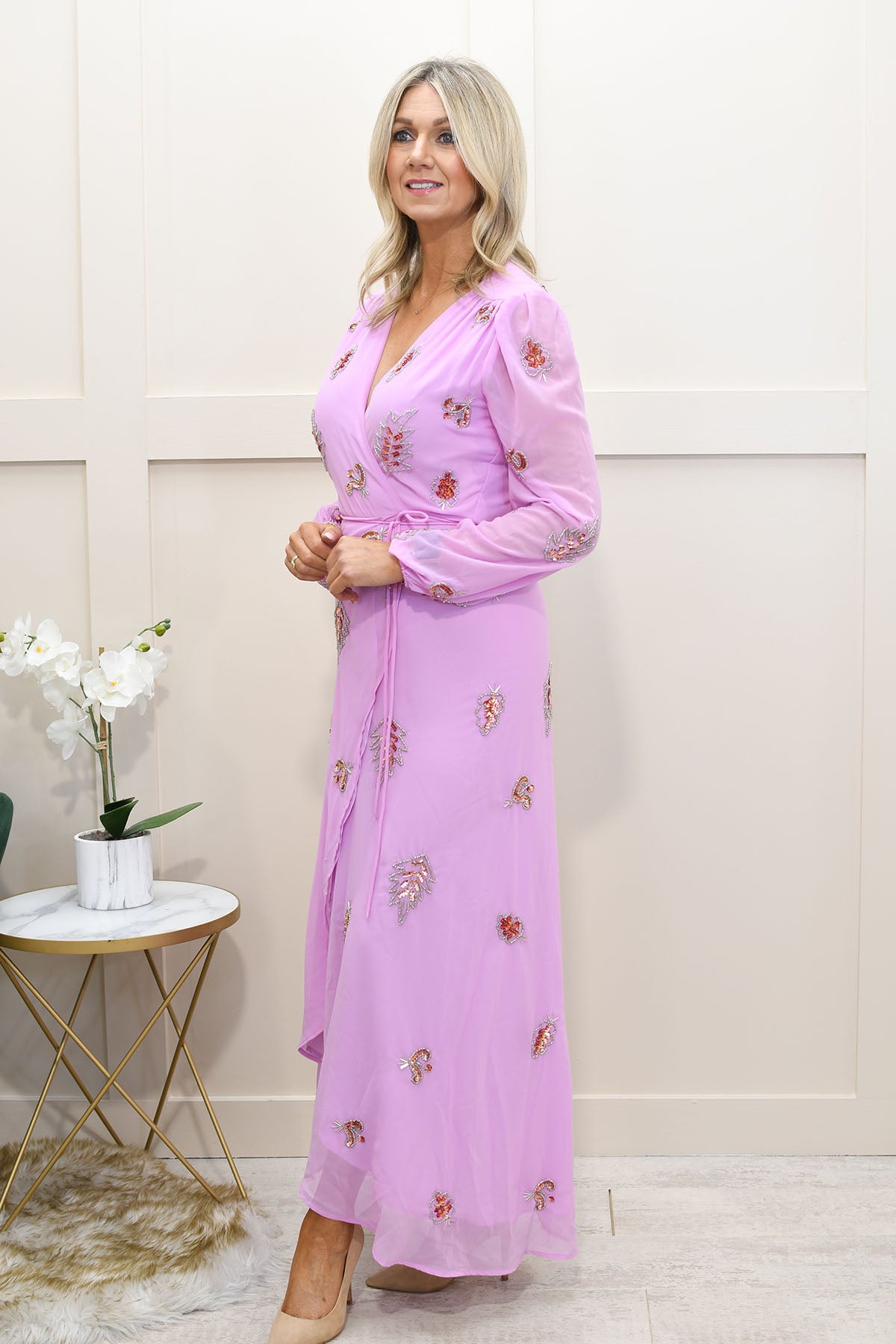 open lace back dress Hope & Ivy Embellished Blouson Sleeve Wrap Dress with Tie Waist - Pink