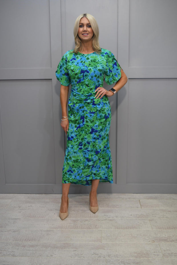 Girl In Mind Green & Blue Floral Print Ruched Detail Midi Dress- Cleo
