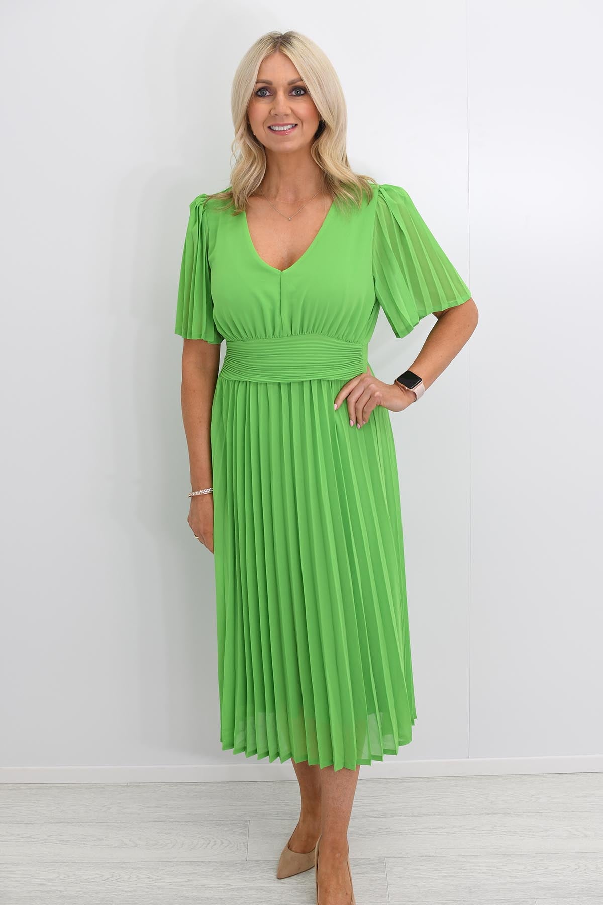 Kate & Pippa Bright Green Pleated Dress| Style Boutique NI Kate & Pippa Bright Green Pleated Dress| Style Boutique NI