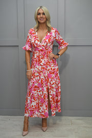 Marc Angelo Pink & Red Floral Wrap Effect Dress With Frill Sleeve - MA810813 D112