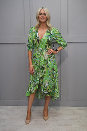 Marc Angelo Green Wrap Dress With Leaf Print & Frill - MA810987 E02G