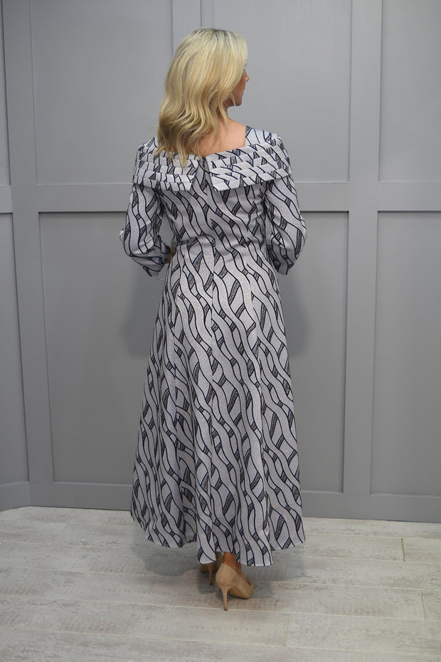 Cassandra Silver Dress With Navy And Bronze Pattern And Tail At Back - 517 Sinels