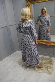 Cassandra Silver Dress With Navy And Bronze Pattern And Tail At Back - 517 Sinels