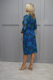 Avalon Blue, Navy & Green Dress With Ruched Front And Silver Buckle