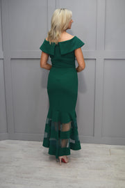 Joseph Ribkoff Green Off Shoulder Dress With Sheer Pattern Tail