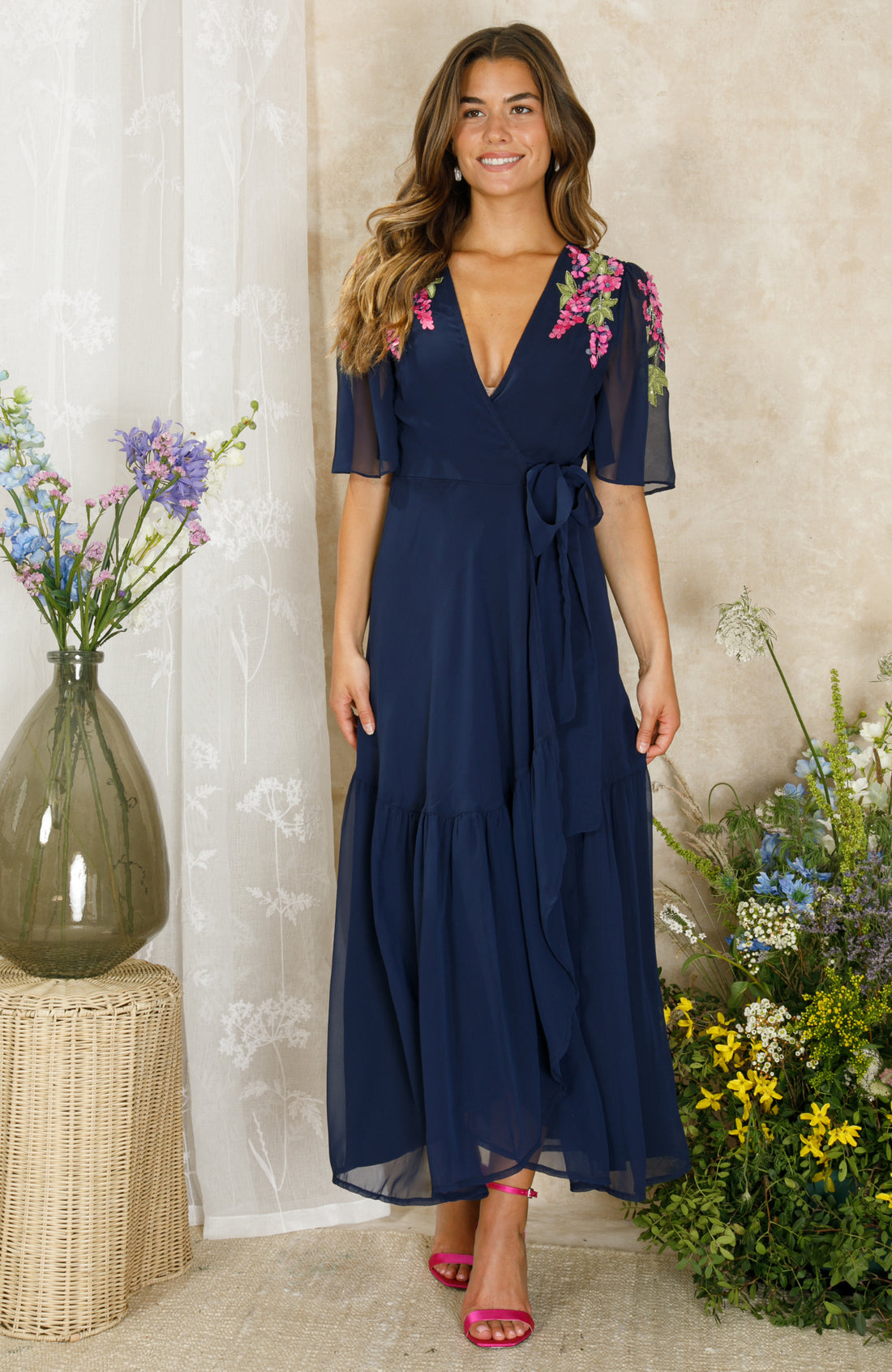 Fleur Hope Embroidered Midi Dress With Ruched Sleeves Hope Ivy