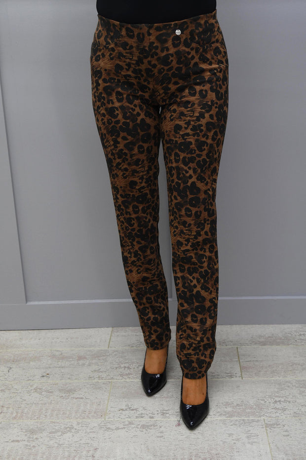 Robell Bella Brown Leopard Print Suede Trousers - 52564 54795 39