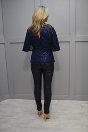 Marc Angelo Navy Sequin Top With Wrap Effect and Tie Detail - MA8129