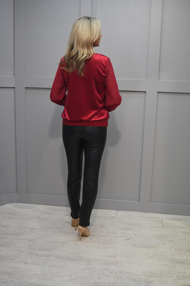 Fm Collection Red Sparkle Cowl Neck Long Sleeve Top - 2647 Camila