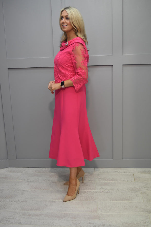 Via Veneto Pink Dress With Lace Overlay & 3/4 Length Sleeve - Grace V3207 21