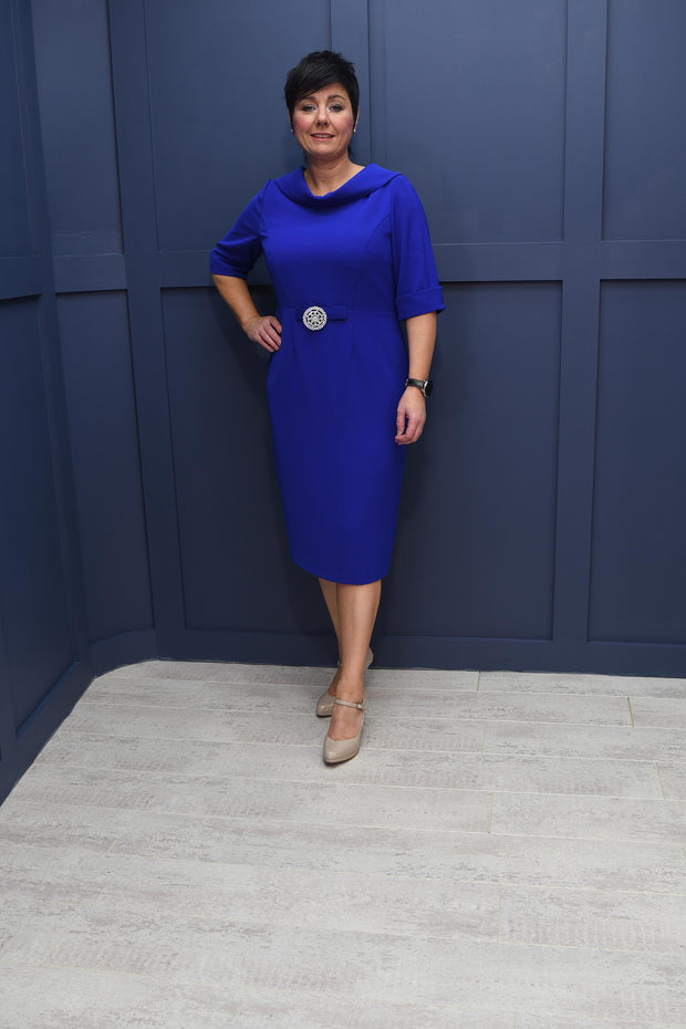 Cassandra Royal Blue Dress With Diamonte Broach Detail Bow -MD05