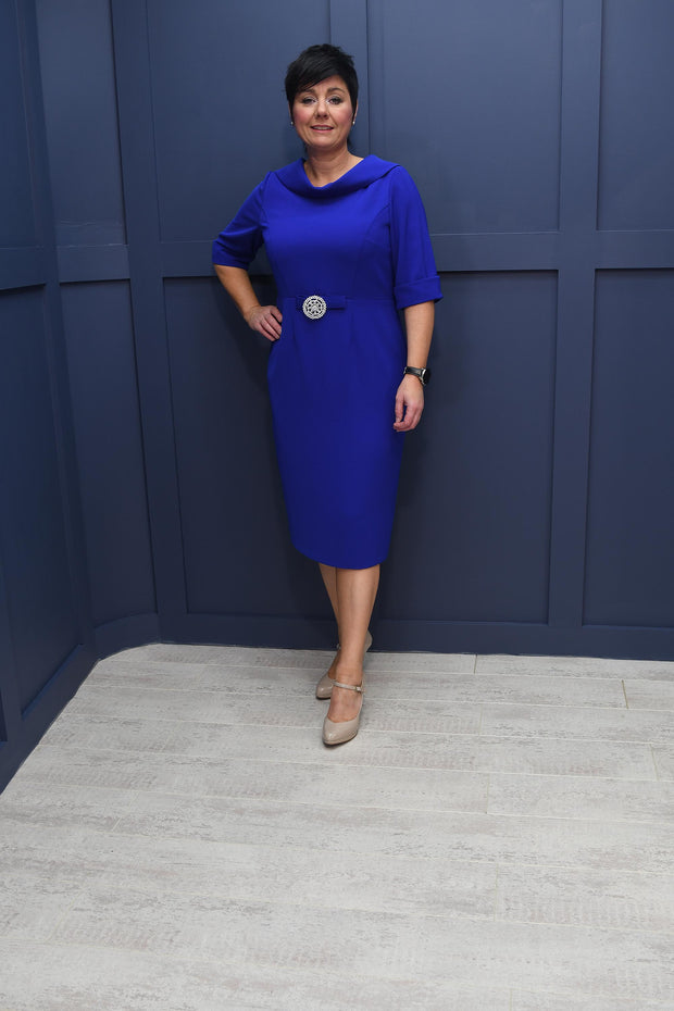 Cassandra Royal Blue Dress With Diamonte Broach Detail Bow -MD05