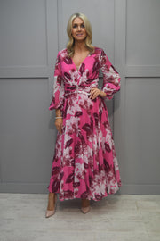Couture Club Fuchsia Floral Dress With Ruched Belt Detail - 7G130