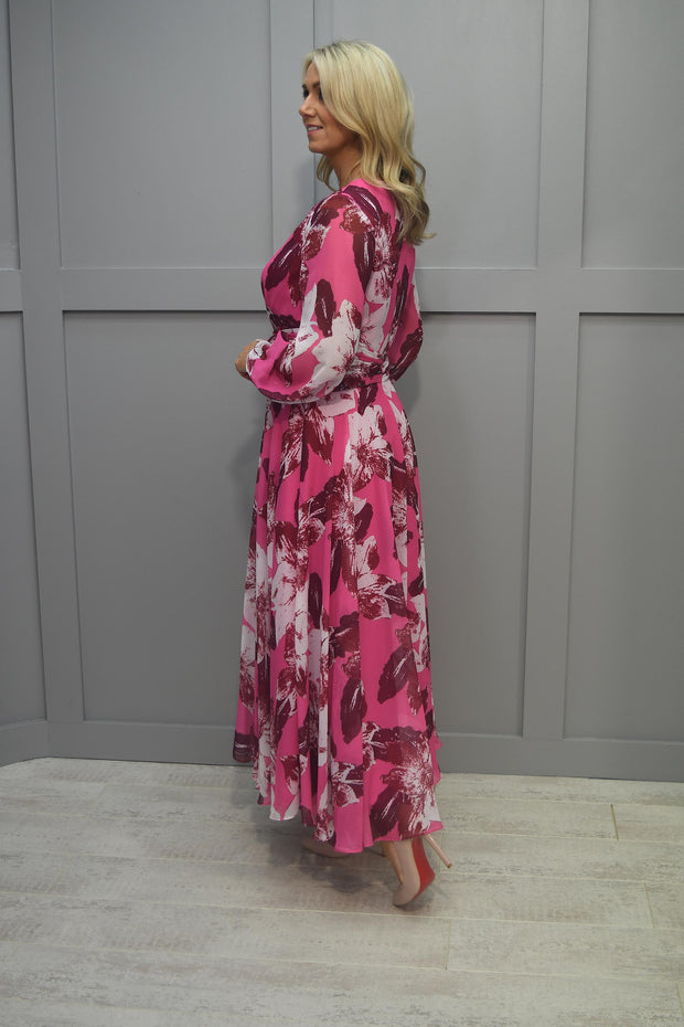 Couture Club Fuschia Floral Dress With Ruched Belt Detail - 7G130