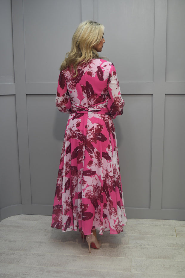 Couture Club Fuschia Floral Dress With Ruched Belt Detail - 7G130
