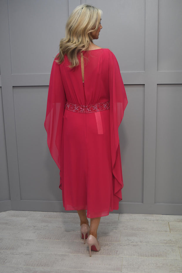 Couture Club Fuschia Pink Dress With Cape Sleeve Diamanté In Center - 7G119GE