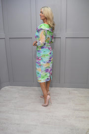 Irresistible Multicolour Green And Purple Ruched Fitted Dress With Sheer Sleeves -IR7238S
