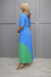 Kate Cooper Ocean Blue Dress With Pleated Skirt And Green At Side - KCS23136