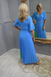 Kate Cooper Ocean Blue Dress With Pleated Skirt And Green At Side - KCS23136