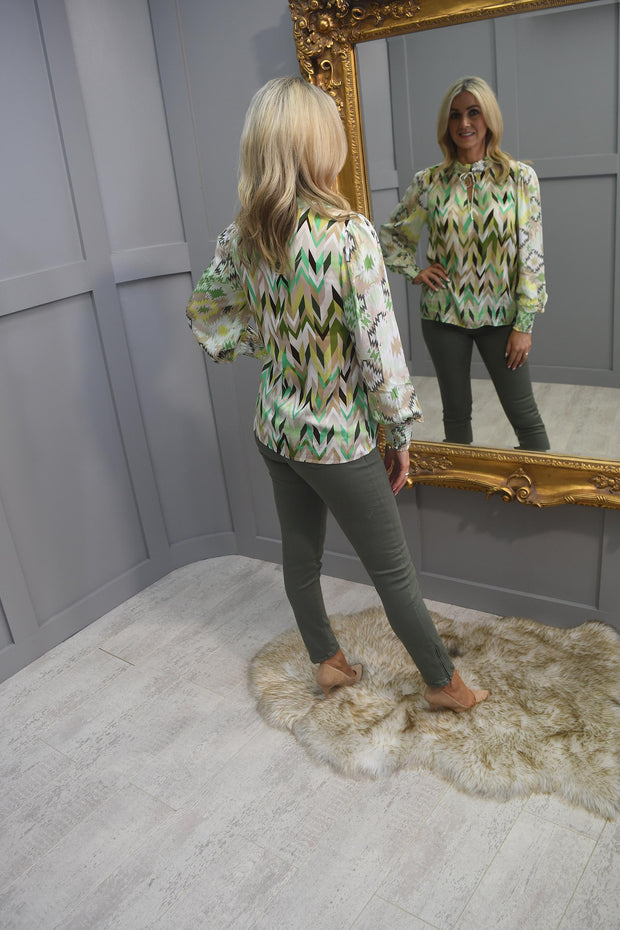 Sunday Green Zig Zag Contrast Blouse With Frill Neck - 6512 6731 7914