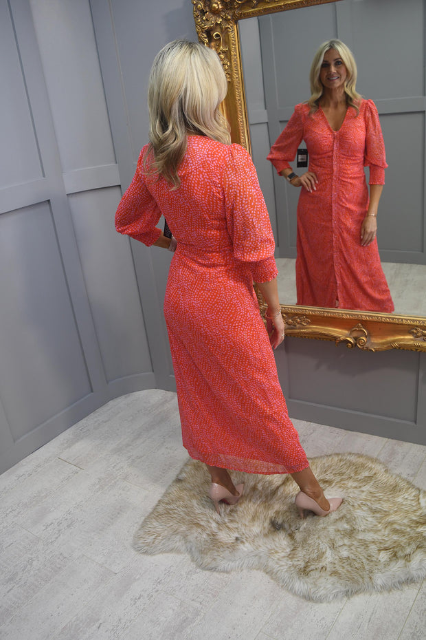 Pixie Daisy Red & Pink Button Up Dress With 3/4 Sleeve - PD8152 D67