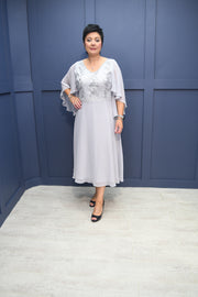 Lizabella Grey Dress With Pearl & Diamont Detail - 2344