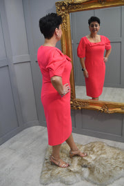 Ella Boo Vivid Coral Dress With Bow & Puff Sleeve Detail - 2234 40