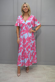 Kate Cooper Blue & Pink Floral V Neck Dress With Back Cut Out - 23130